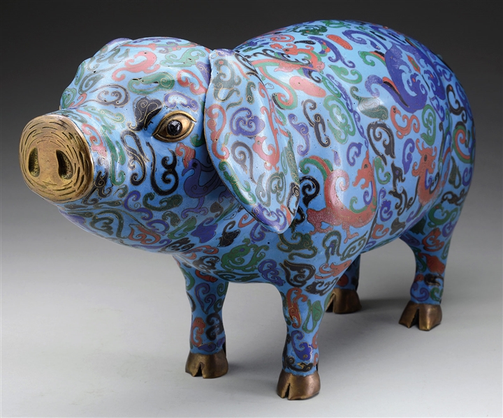 CLOISONNE ENAMEL MODEL OF A PIG.                                                                                                                                                                        