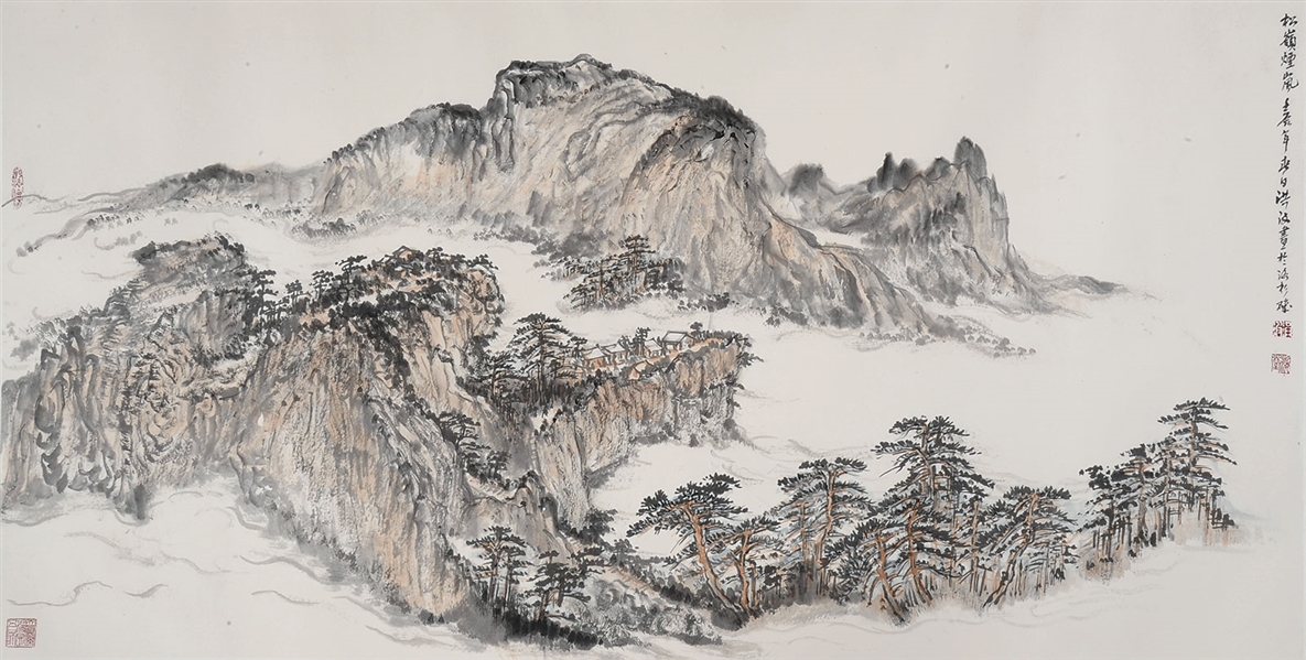 SCROLL LANDSCAPE PAINTING BY HONG BO.                                                                                                                                                                   