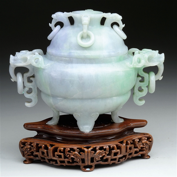 JADEITE CENSER WITH COVER AND WOODEN STAND.                                                                                                                                                             