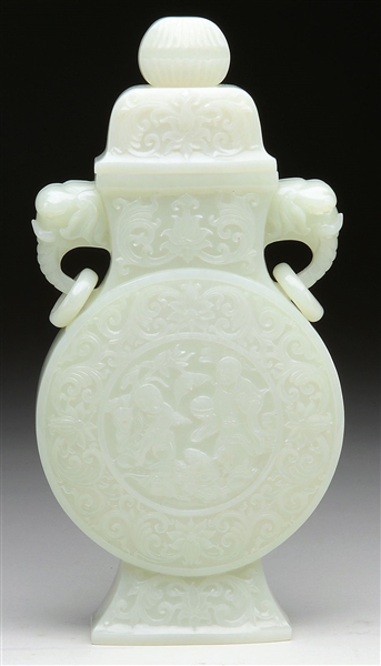"WHITE JADE CARVED COVERED VASE WITH ELEPHANT MASK HANDLES.                                                                                                                                             