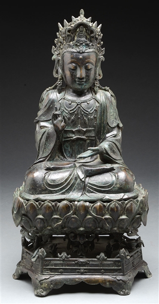 MAGNIFICENT BRONZE FIGURE OF GUANYIN ON LOTUS STAND.                                                                                                                                                    