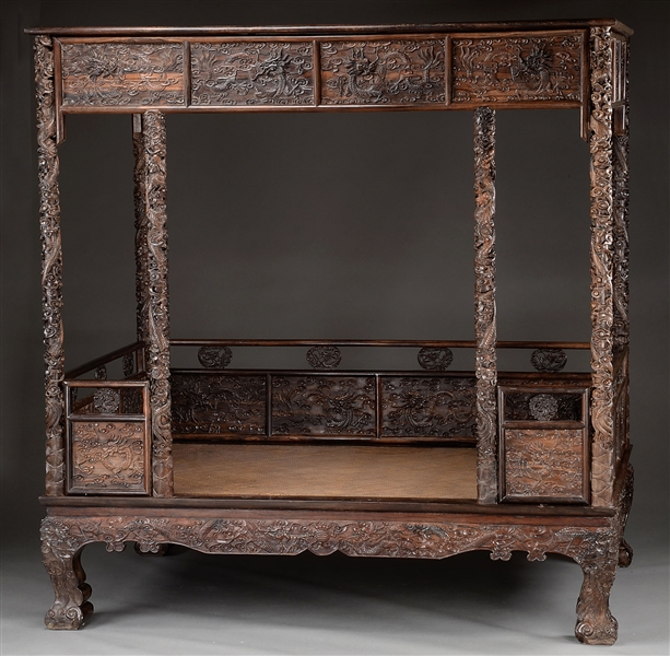 RARE CHINESE ZITAN CARVED CANOPY BED.                                                                                                                                                                   