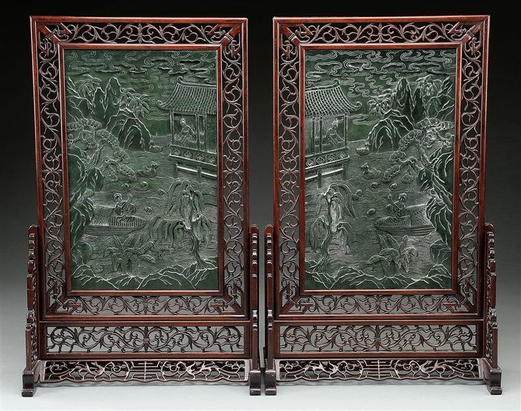 PAIR OF LARGE SPINACH GREEN JADE PANELS AND TABLE STANDS.                                                                                                                                               