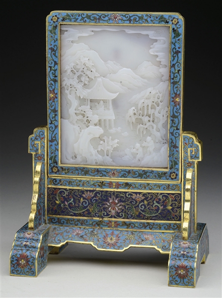 WHITE JADE PANEL AND CLOISONNE ENAMEL TABLE SCREEN.                                                                                                                                                     
