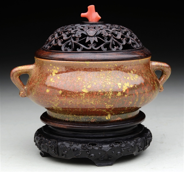 FINE CHINESE PORCELAIN CENSER WITH ZITAN WOOD STAND & COVER.                                                                                                                                            