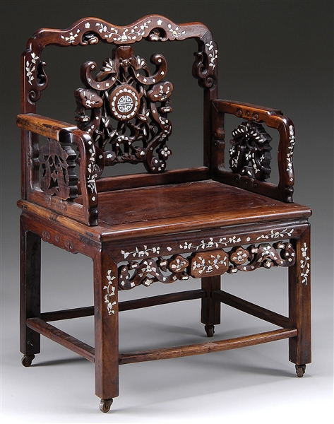 ANTIQUE ELABORATE ROSEWOOD CARVED CHINESE MOTHER-OF-PEARL ARMCHAIR.                                                                                                                                     