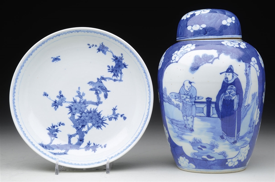 19TH CENTURY BLUE & WHITE PLATE/ COVERED JAR                                                                                                                                                            