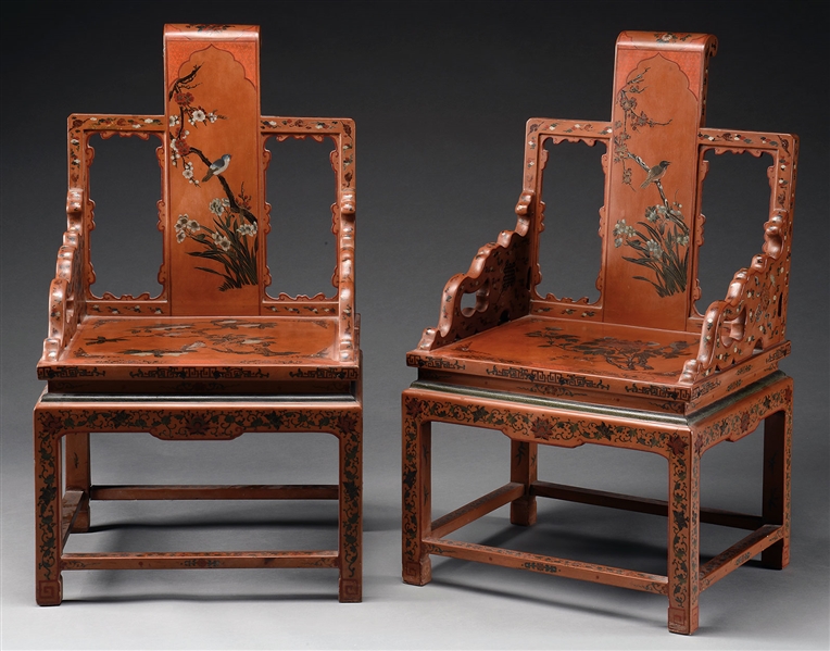 PAIR OF BROWN LACQUERED ARMCHAIRS.                                                                                                                                                                      