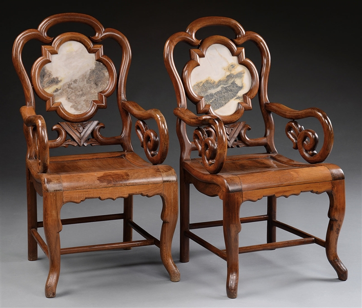 PAIR OF HUALI AND DALI MARBLE INLAY ARMCHAIRS                                                                                                                                                           