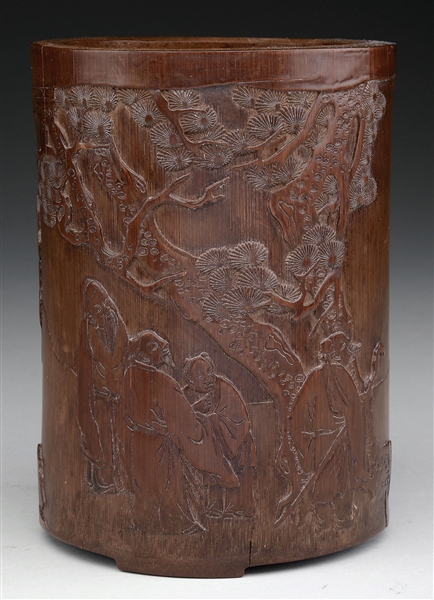 BAMBOO CARVED FIGURAL BRUSH POT.                                                                                                                                                                        