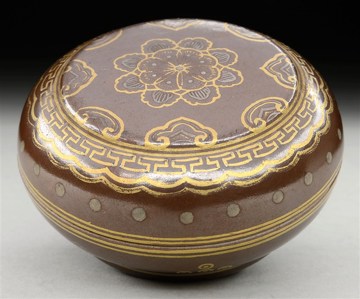 GILT DECORATED COFFEE GROUND SEAL PASTE BOX AND COVER.                                                                                                                                                  