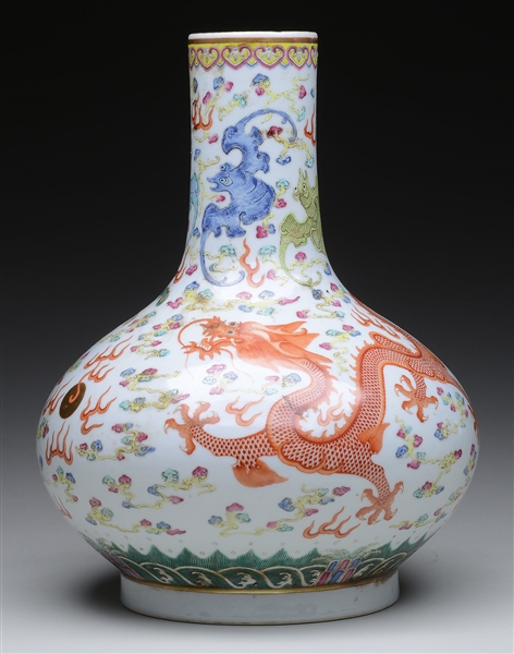 LG BOTTLE VASE POLYCHROME W/ PEACOCK AND DRAGON                                                                                                                                                         