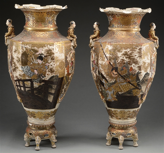 PAIR OF SATSUMA PALACE URNS ON STANDS.                                                                                                                                                                  