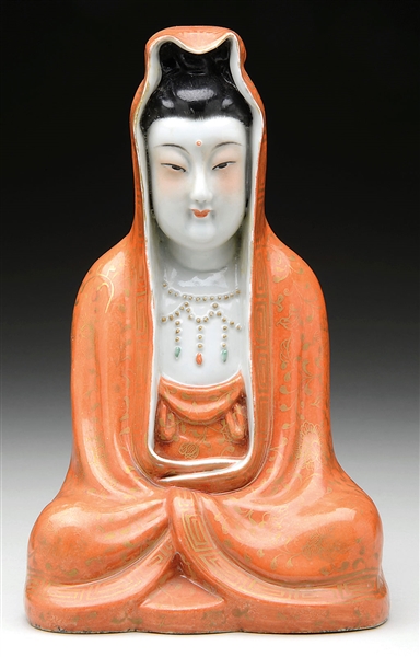 CORAL GROUND FAMILLE ROSE FIGURE OF GUANYIN.                                                                                                                                                            