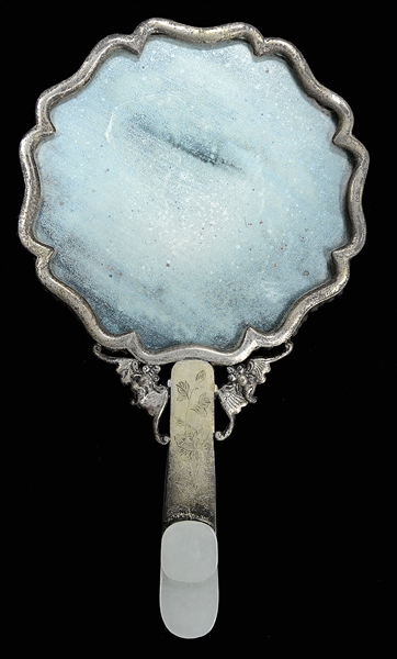 LACQUER SILVER AND JADE MOUNTED HAND MIRROR.                                                                                                                                                            