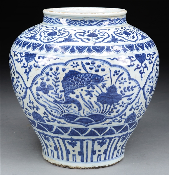 LARGE MING STYLE BLUE AND WHITE JAR.                                                                                                                                                                    