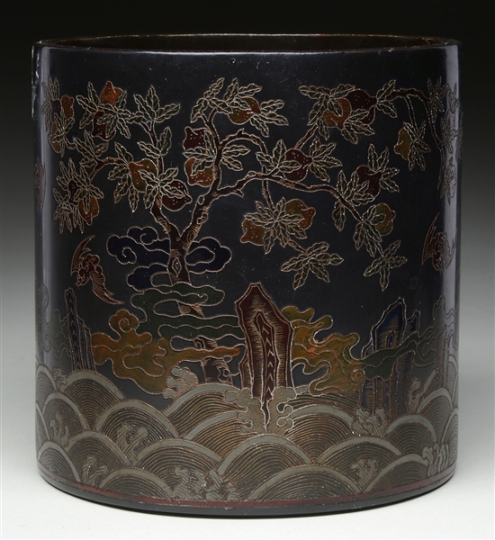 LACQUERED WOOD BRUSH POT.                                                                                                                                                                               