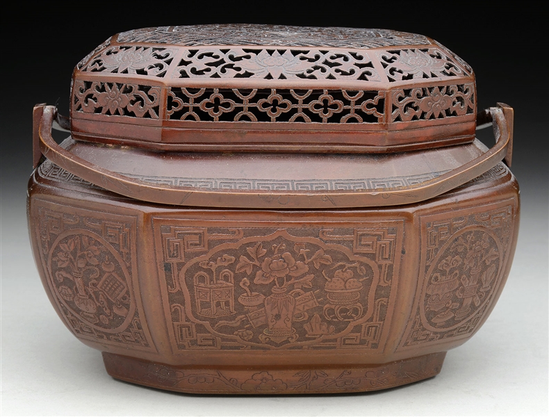 OCTAGONAL COPPER HAND WARMER AND COVER.                                                                                                                                                                 