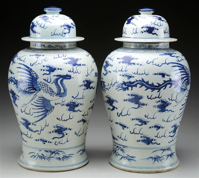 LARGE PAIR OF BLUE AND WHITE PORCELAIN COVERED JARS.                                                                                                                                                    