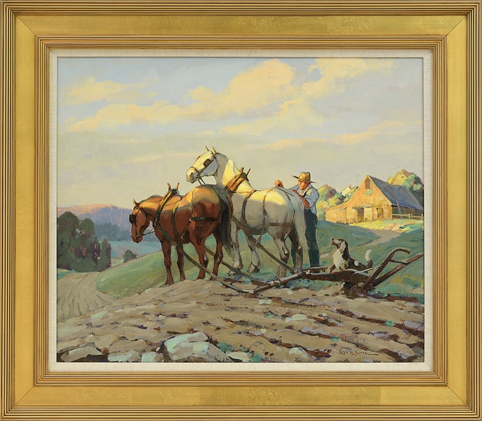 LEO B. BLAKE (AMERICAN, 1887-1976) "TENDING THE HORSES"                                                                                                                                                 