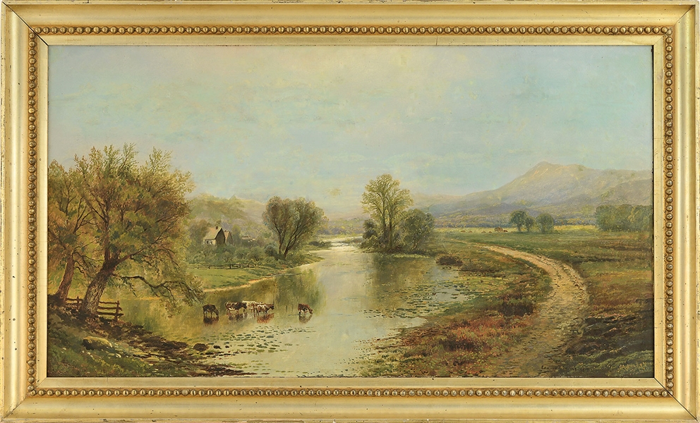 EDMUND DARCH LEWIS (AMERICAN, 1835-1910) PANORAMIC LANDSCAPE WITH FARMS, RIVER, COWS & MOUNTAINS                                                                                                        