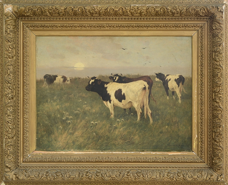 WILLIAM HENRY HOWE (AMERICAN, 1844 - 1929) COWS GRAZING UNDER LOW SUN                                                                                                                                   