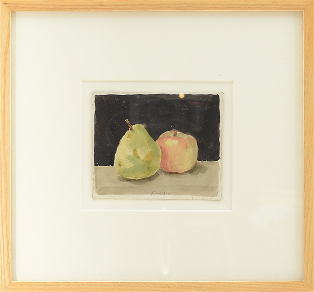 ROBERT KULICKE (AMERICAN, 1924-2007) PEAR AND APPLE ON A GREY SURFACE                                                                                                                                   