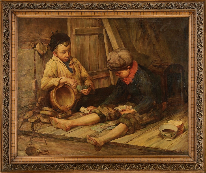 VICTOR LAINE (FRENCH, 1830 - 1911) "TWO BOYS PLAYING CARDS"                                                                                                                                             