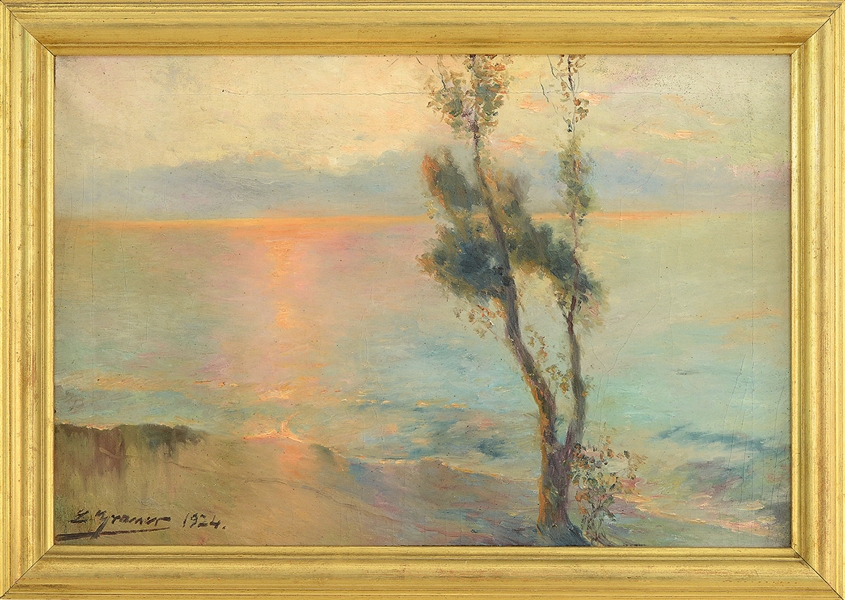 LUIS GRANER Y ARRUFI (SPANISH/AMERICAN, 1863-1929) OCEAN VIEW AT SUNSET WITH EUCALYPTUS TREE                                                                                                            