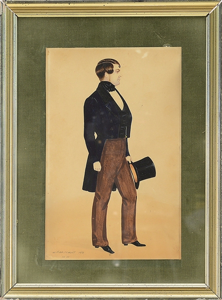 WILLIAM MORRIS HUNT (AMERICAN, 1824-1879) MINIATURE PORTRAIT OF GENTLEMAN WITH TOP HAT                                                                                                                  