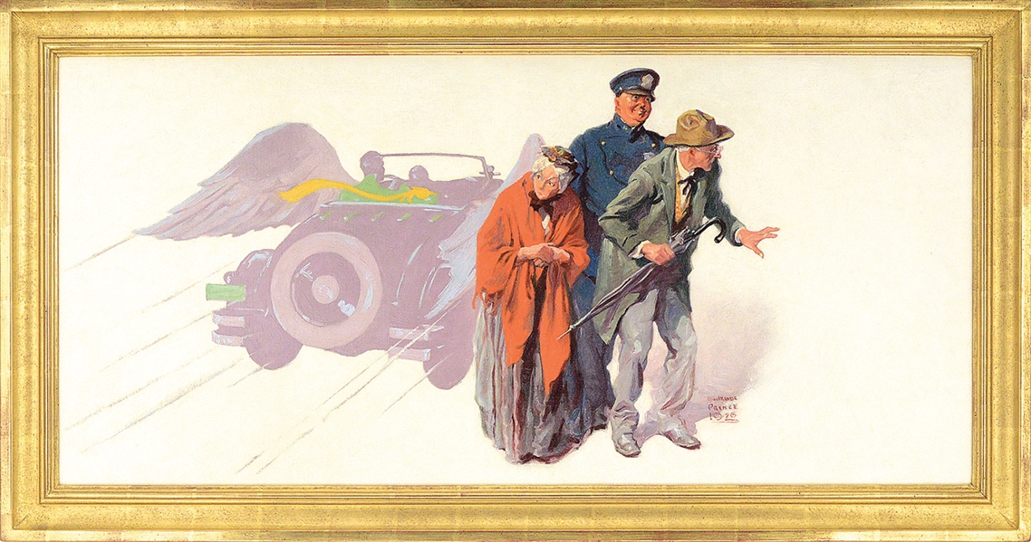 WILLIAM MEADE PRINCE (AMERICAN, 1893-1951) ILLUSTRATION OF AN ELDERLY COUPLE BEING LED AWAY FROM A WINGED SPORTSCAR                                                                                     