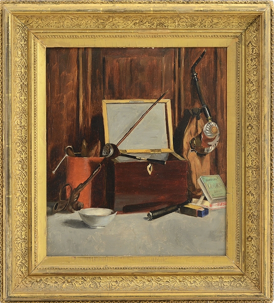 AMERICAN SCHOOL (19TH CENTURY) STILL LIFE WITH CHEST, PIPE AND MAINE BOOK                                                                                                                               