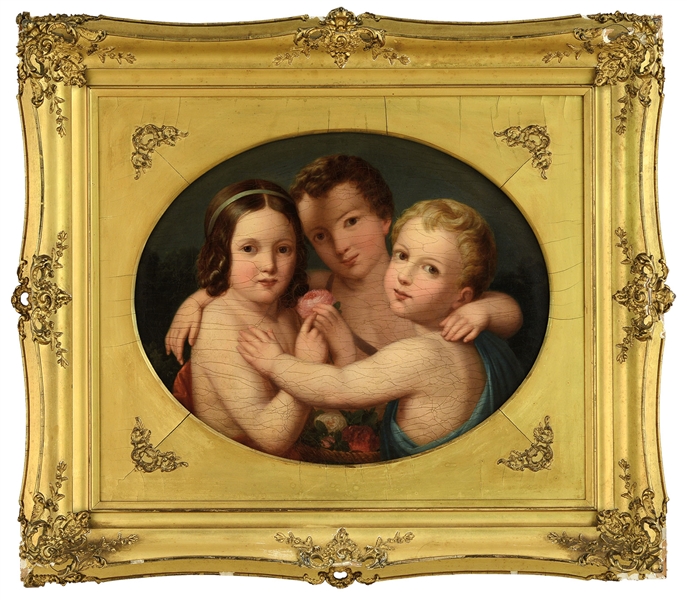 AMERICAN SCHOOL (19TH CENTURY) VICTORIAN PORTRAIT OF THREE CHILDREN POSING IN CLASSICAL ATTIRE                                                                                                          