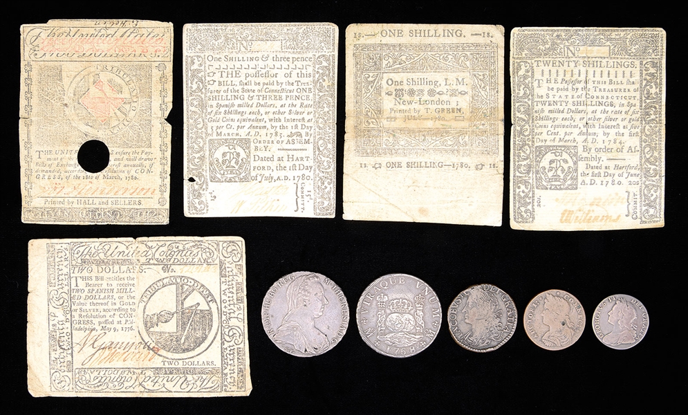 GROUP OF COLONIAL COINAGE AND CURRENCY.                                                                                                                                                                 