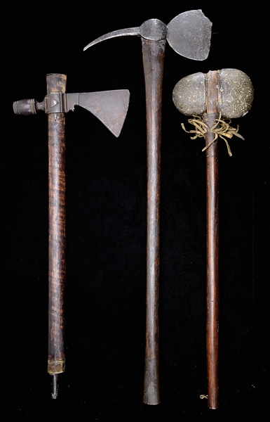 TWO INDIAN AXES AND PIPE-TOMAHAWK.                                                                                                                                                                      