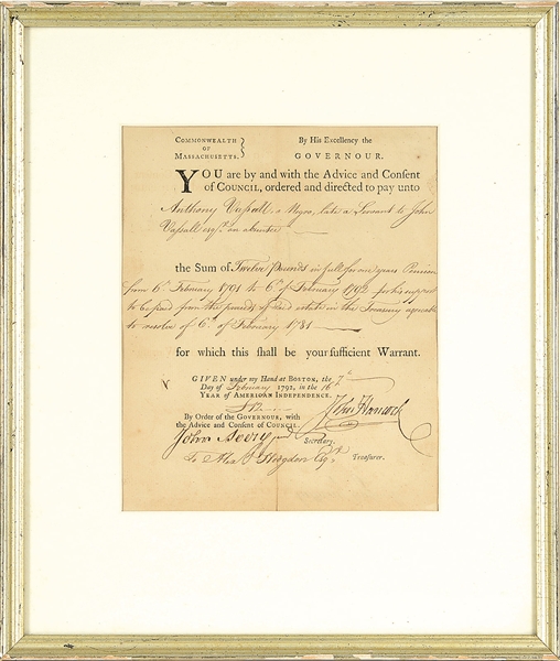 JOHN HANCOCK SIGNED DOCUMENT PAYING A "NEGRO" ANTHONY VASSELLS REVOLUTIONARY WAR PENSION.                                                                                                             