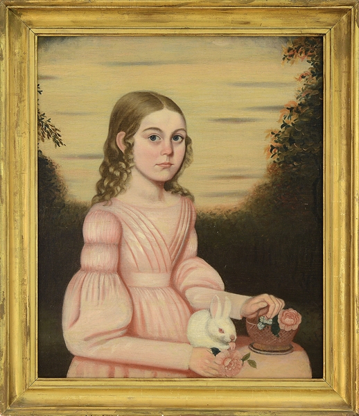 AMERICAN SCHOOL (EARLY 19TH CENTURY) UNSIGNED FOLK ART PORTRAIT OF A YOUNG GIRL WITH RABBIT.                                                                                                            