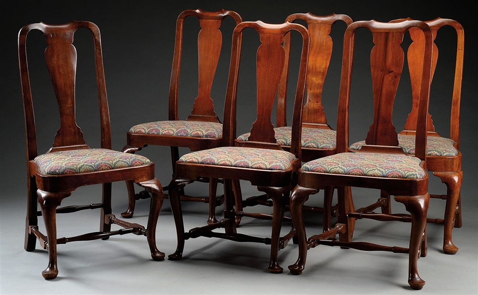 ASSEMBLED SET OF SIX WALNUT QUEEN ANNE COMPASS SEAT SIDE CHAIRS.                                                                                                                                        