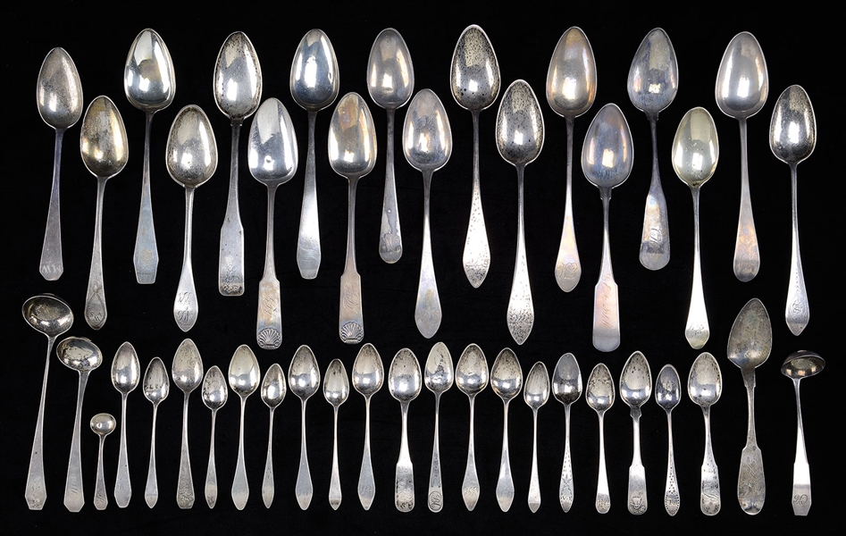 OUTSTANDING COLLECTION OF FORTY AMERICAN COIN SILVER SPOONS AND LADLES, MOSTLY CONNECTICUT MAKERS INCLUDING: WILLIAM CLEVELAND, SERI...                                                                 