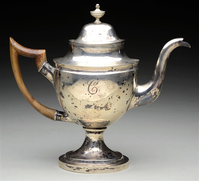 RARE COIN SILVER COFFEE POT BY WILLIAM CLEVELAND OF NORWICH, CONNECTICUT.                                                                                                                               
