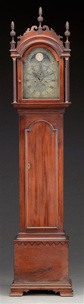 MAHOGANY CHIPPENDALE TALL CASE CLOCK BY THOMAS HARLAND, NORWICH, CT.                                                                                                                                    