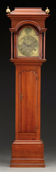 RARE AND IMPORTANT QUEEN ANNE CHERRY TALL CASE CLOCK BY JEDUTHAN BALDWIN, BROOKFIELD, MA., DATED 1766.                                                                                                  