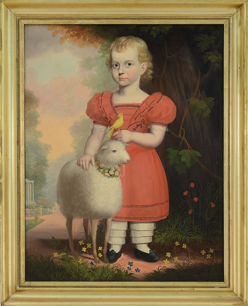 ROBERT STREET (AMERICAN, 1796-1865) PORTRAIT OF A CHILD WITH LAMB AND CANARY.                                                                                                                           