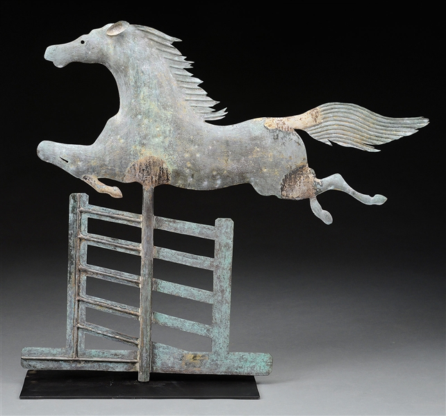 EARLY, RARE & UNTOUCHED STEEPLE-CHASE HORSE JUMPING OVER THE GATE WEATHERVANE.                                                                                                                          