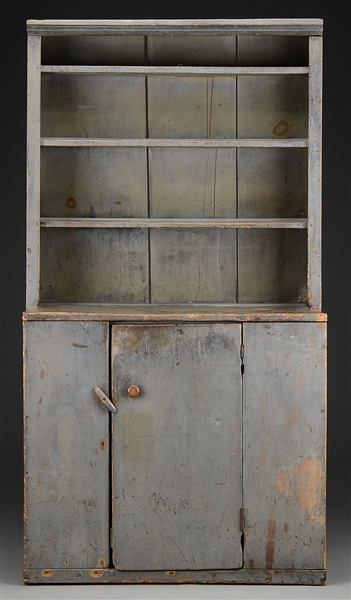 RARE NEW ENGLAND PINE CANTBACK CUPBOARD IN GRAY PAINT.                                                                                                                                                  