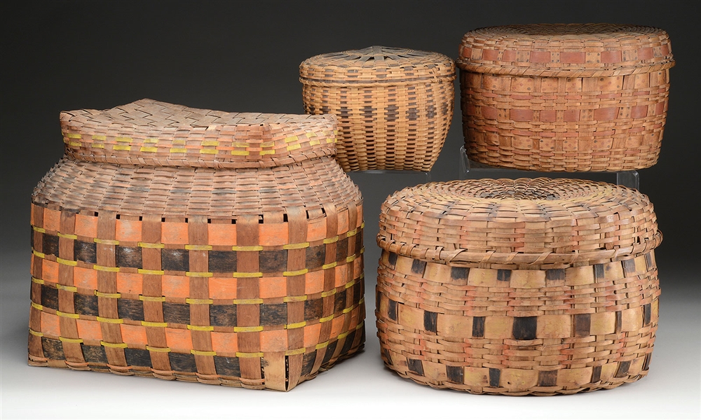 NICE GROUPING OF FOUR DECORATED PENOBSCOT INDIAN COVERED BASKETS.                                                                                                                                       