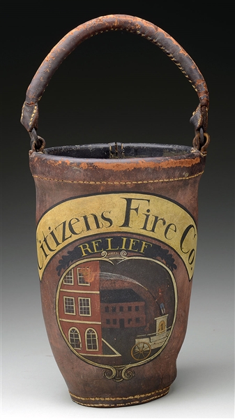 RARE AND IMPORTANT "CITIZENS FIRE CO." SCENIC DECORATED FIRE BUCKET.                                                                                                                                    
