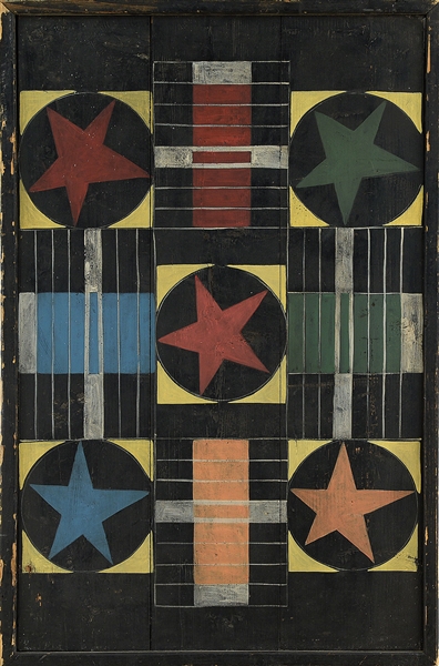 OVERSIZED COLORFUL PAINT DECORATED PARCHEESI GAMEBOARD.                                                                                                                                                 