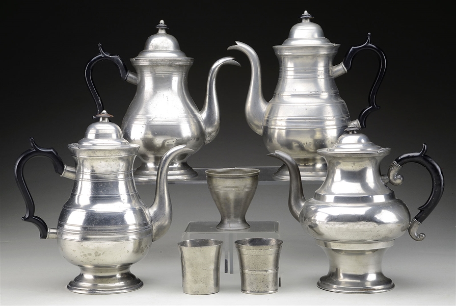LOT OF FOUR ASHBIL GRISWOLD COFFEE POTS AND ONE BEAKERS ALONG WITH TWO BEAKERS.                                                                                                                         
