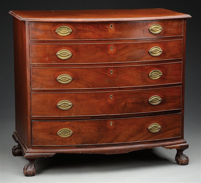 FINE CHIPPENDALE MAHOGANY BOWFRONT CHEST OF DRAWERS.                                                                                                                                                    